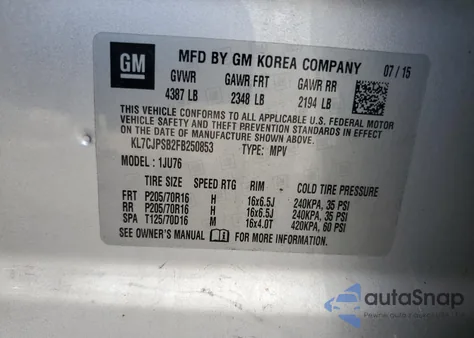 2017 Chevrolet Trax 1Ls из США, поврежденный, VIN KL7CJPSB2FB250853